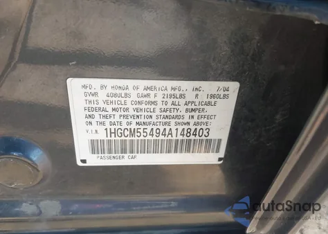 2004 Honda Accord 2.4 Lx из США, поврежденный, VIN 1HGCM55494A148403